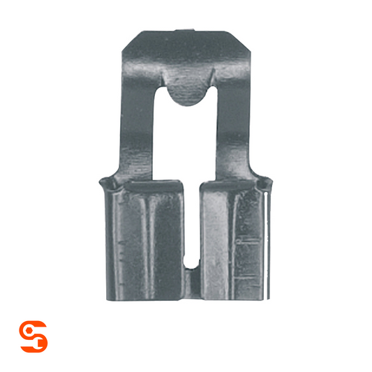 Black nylon door lock rod clip with rectangular cutouts and center notch, single piece