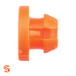 Orange nylon hood prop clip with flat mounting tab and cylindrical rod holder, single piece
