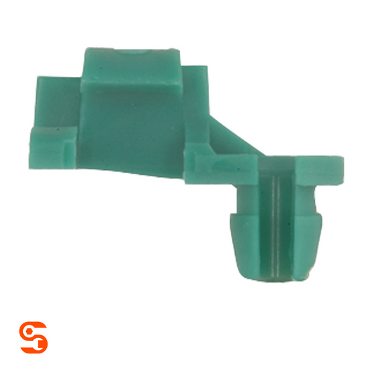 Green nylon left-side tailgate rod clip with stepped bracket and round push-in fastener