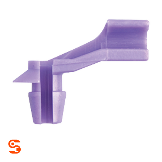 Purple nylon right-side door lock prop clip with angled arm and push-in fastener for Chrysler