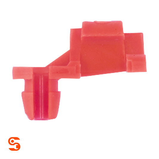 Red nylon right-side door lock prop clip with angled arm and cylindrical rod connector