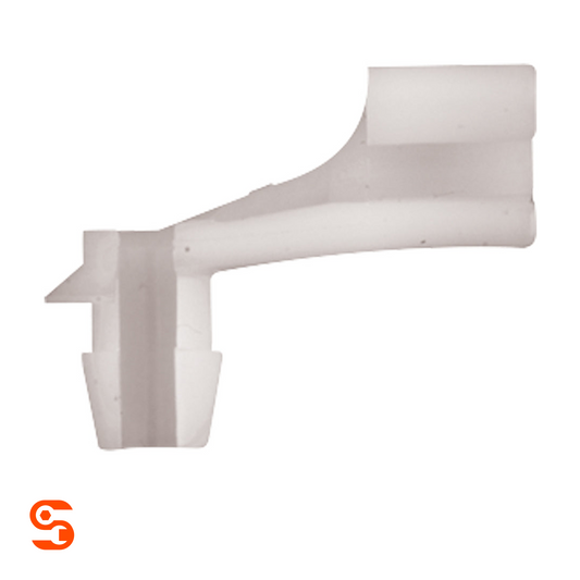 Natural nylon right side door lock prop clip with angled arm and mounting tab for Chrysler and GM