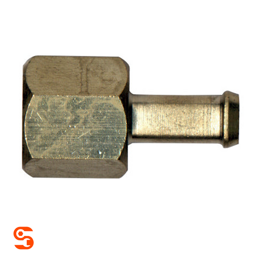 Brass GM fuel sender adapter with hex body and 5/16 inch male barbed connector for rubber fuel line