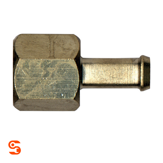 Brass GM fuel sender adapter with hex body and 3/8 inch male hose barb connector