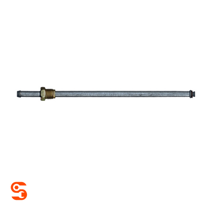 Steel repair line with brass 14mm hex fitting, threaded end, and black O-rings on 5/16 inch line
