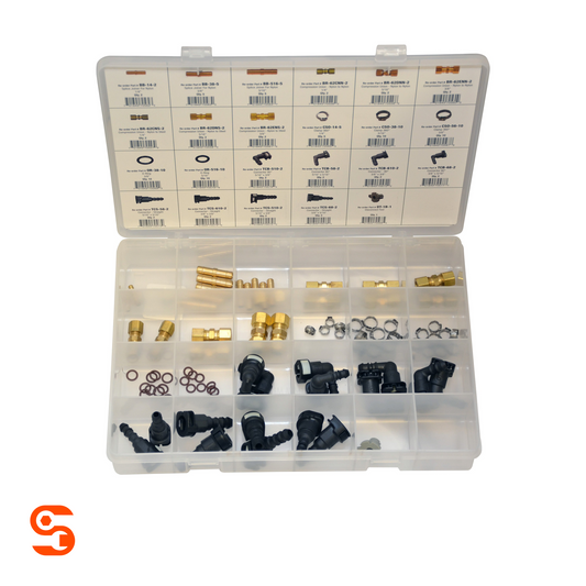 86-piece fuel line repair parts assortment in a clear plastic organizer with brass, metal, and black fittings