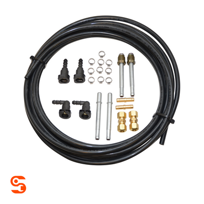 Fuel line repair kit with 25 ft black 3/8 in hose, metal fittings, clamps, and plastic connectors
