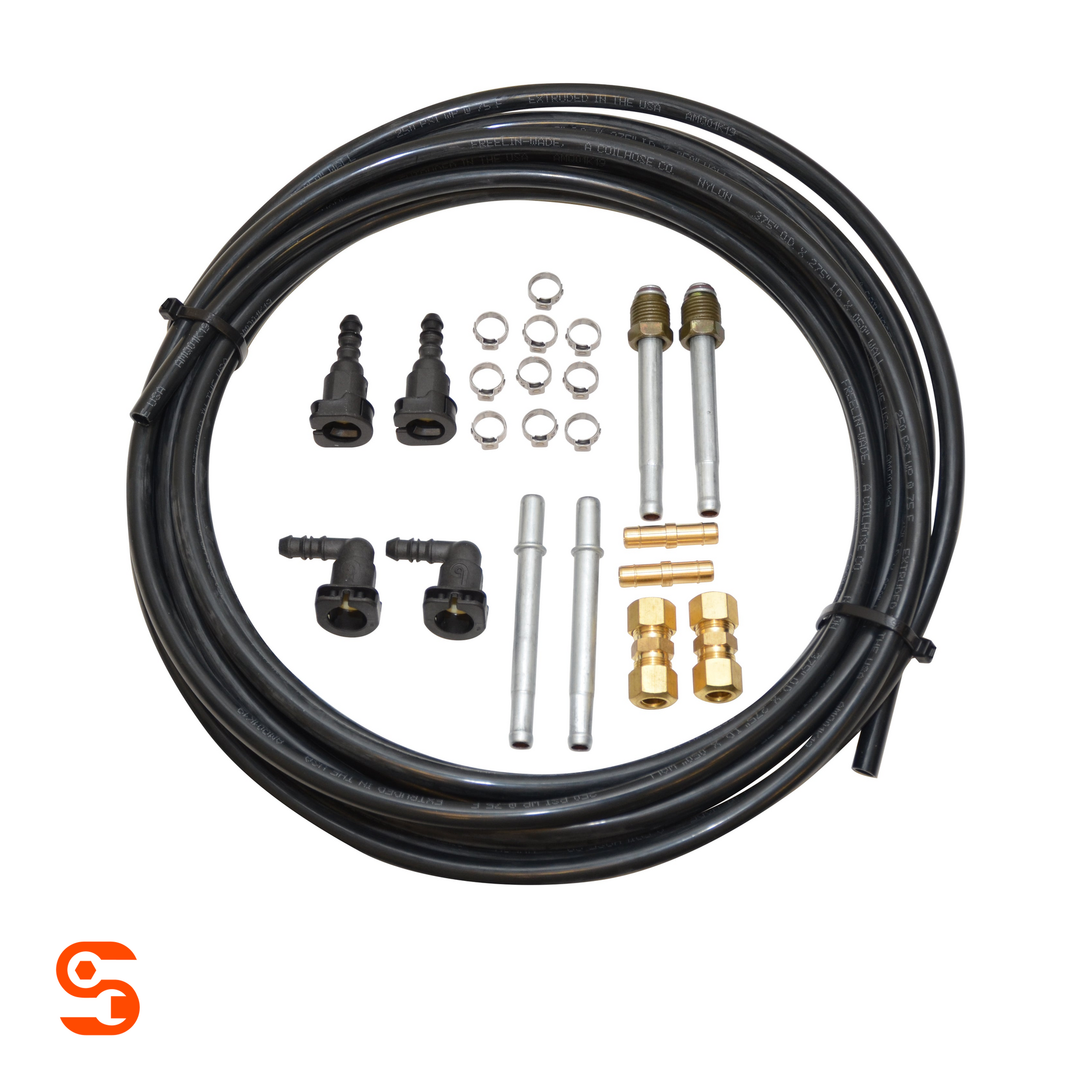 5/16 fuel line repair kit with 25 ft black hose, metal fittings, brass connectors, clamps, and black elbows