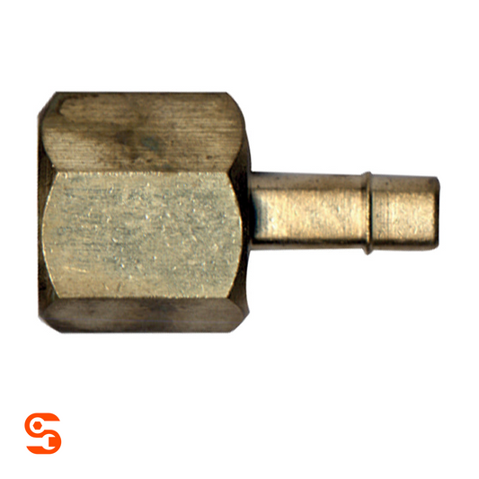 Brass GM fuel sender adapter with 14mm threaded body and 5/16 inch male nylon fuel line connector