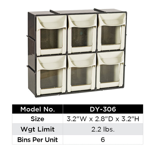 6 Small Tilt Bins Storage Solution | Material: ABS Plastic | Color: Cream | Style: Stackable & Wall-Mountable | Size: 3.2″ W × 2.8″ D × 3.2″ H | Wgt Limit: 2.2 lbs