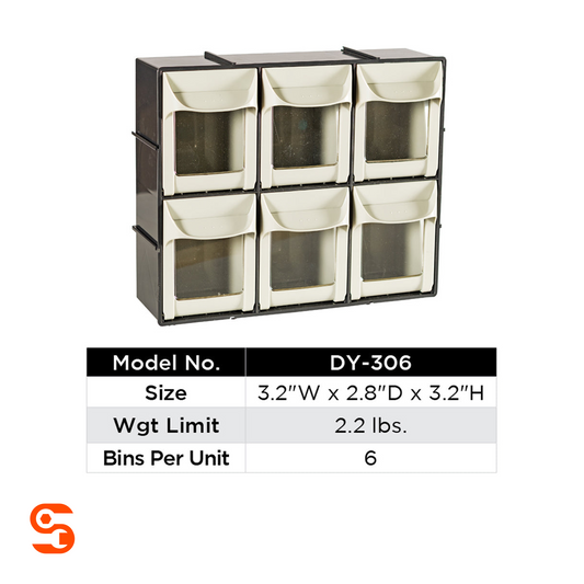 Cream ABS plastic storage unit with six small tilt bins and clear front windows, shown with size and weight limit table