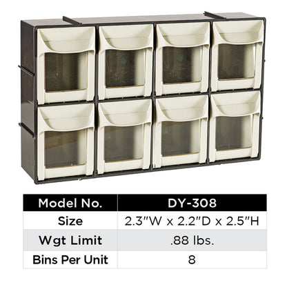 8 Extra Small Tilt Bins Storage Solution | Material: ABS Plastic | Color: Cream | Style: Stackable & Wall-Mountable | Size: 2.3″ W × 2.2″ D × 2.5″ H | Wgt Limit: 0.88 lbs