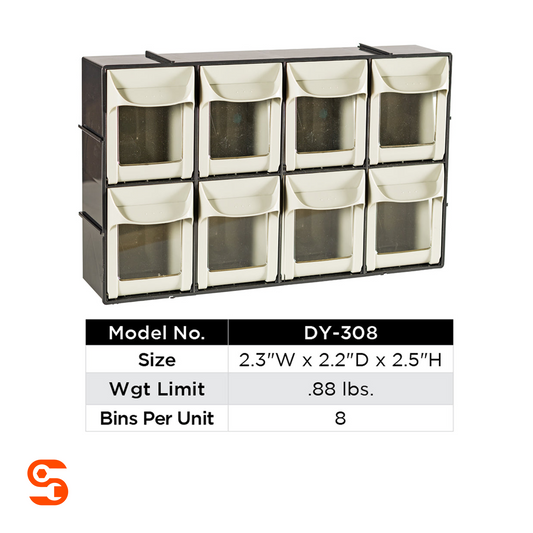 Cream ABS plastic 8-bin storage organizer with clear tilt-front compartments and black stackable frame