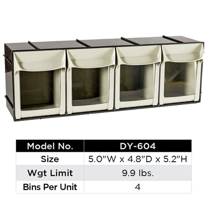4 Large Tilt Bins Storage Solution | Material: ABS Plastic | Color: Cream | Style: Stackable & Wall-Mountable | Size: 5″ W × 4.8″ D × 5.2″ H | Wgt Limit: 9.9 lbs