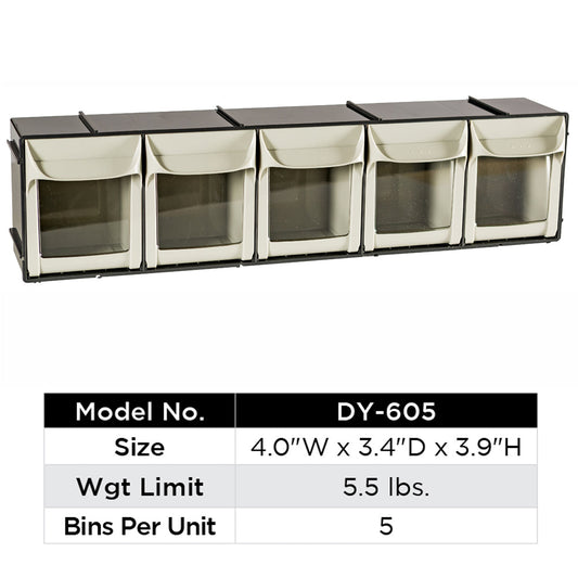 5 Medium Tilt Bins Storage Solution | Material: ABS Plastic | Color: Cream | Style: Stackable & Wall-Mountable | Size: 4″ W × 3.4″ D × 3.9″ H | Wgt Limit: 5.5 lbs