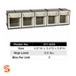 Cream ABS plastic five-bin tilt storage unit with clear front panels and black stackable frame