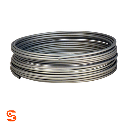 Galfan coated brake line in a silver metal coil, 25 ft length
