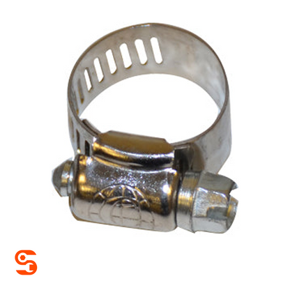 Stainless steel hose clamp with 1/2 inch perforated band, housing, and zinc plated screw on white background
