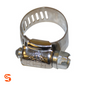 Stainless steel hose clamp with 1/2 inch perforated band, housing, and zinc plated screw on white background