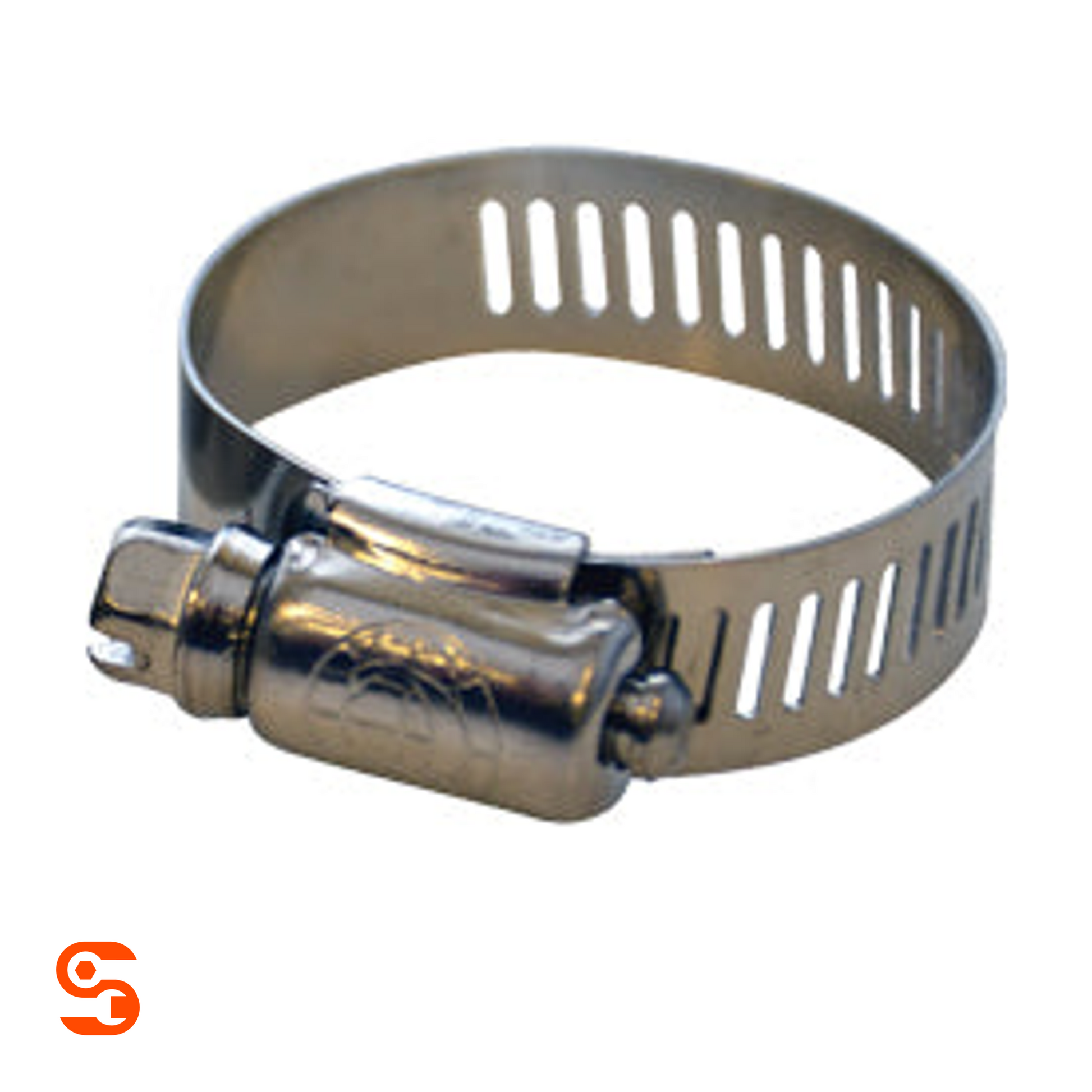 Stainless steel hose clamp with 1/2 inch slotted band and screw-tightening housing