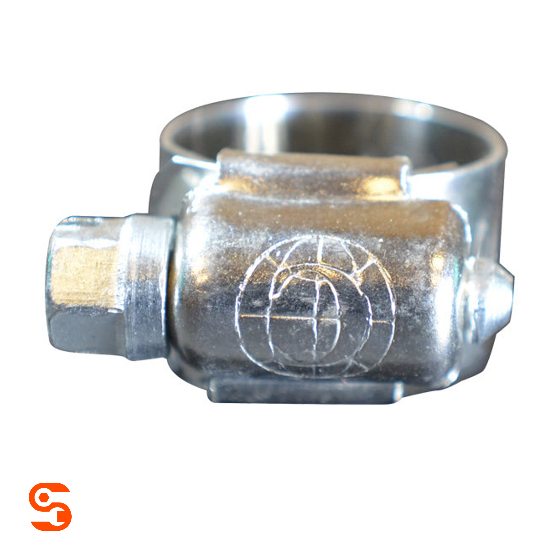 Stainless steel hose clamp with 9/16 inch band, housing, and zinc plated screw on white background