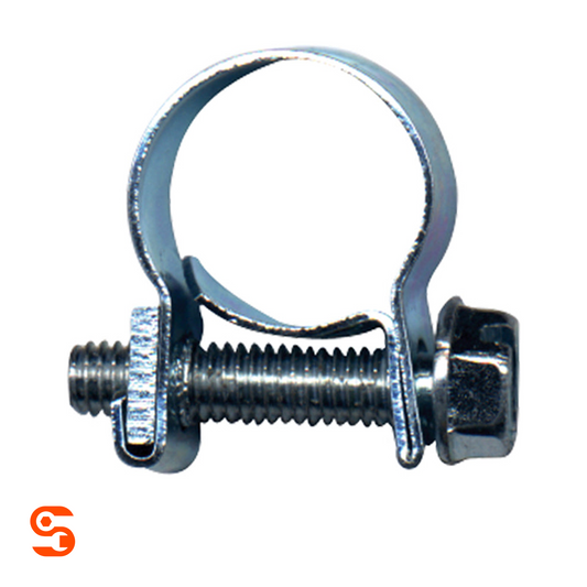 Silver fuel injection hose clamp with 5/16 inch band, threaded bolt, and nut on a white background