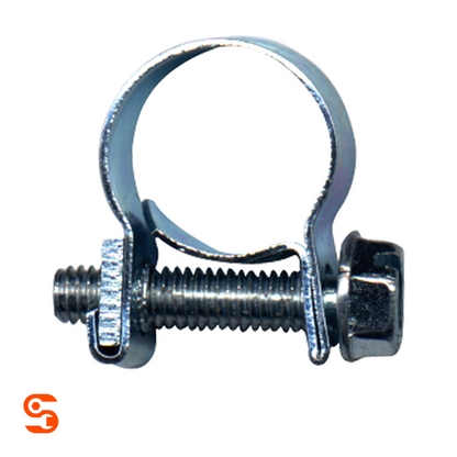 Silver fuel injection hose clamp with 5/16 inch band, threaded bolt, and nut on a white background