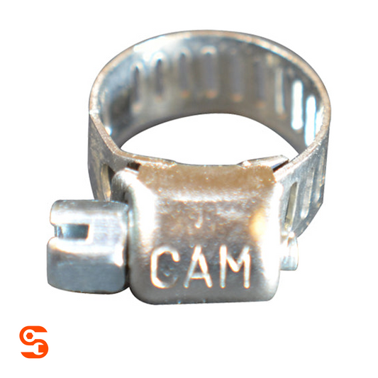 Mini stainless steel hose clamp with 5/16 inch band, ridged housing, and zinc plated screw