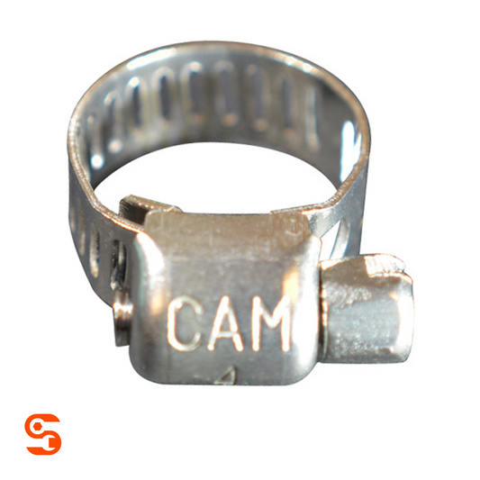 Small stainless steel mini hose clamp with slotted band and screw housing on white background