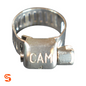 Small stainless steel mini hose clamp with slotted band and screw housing on white background