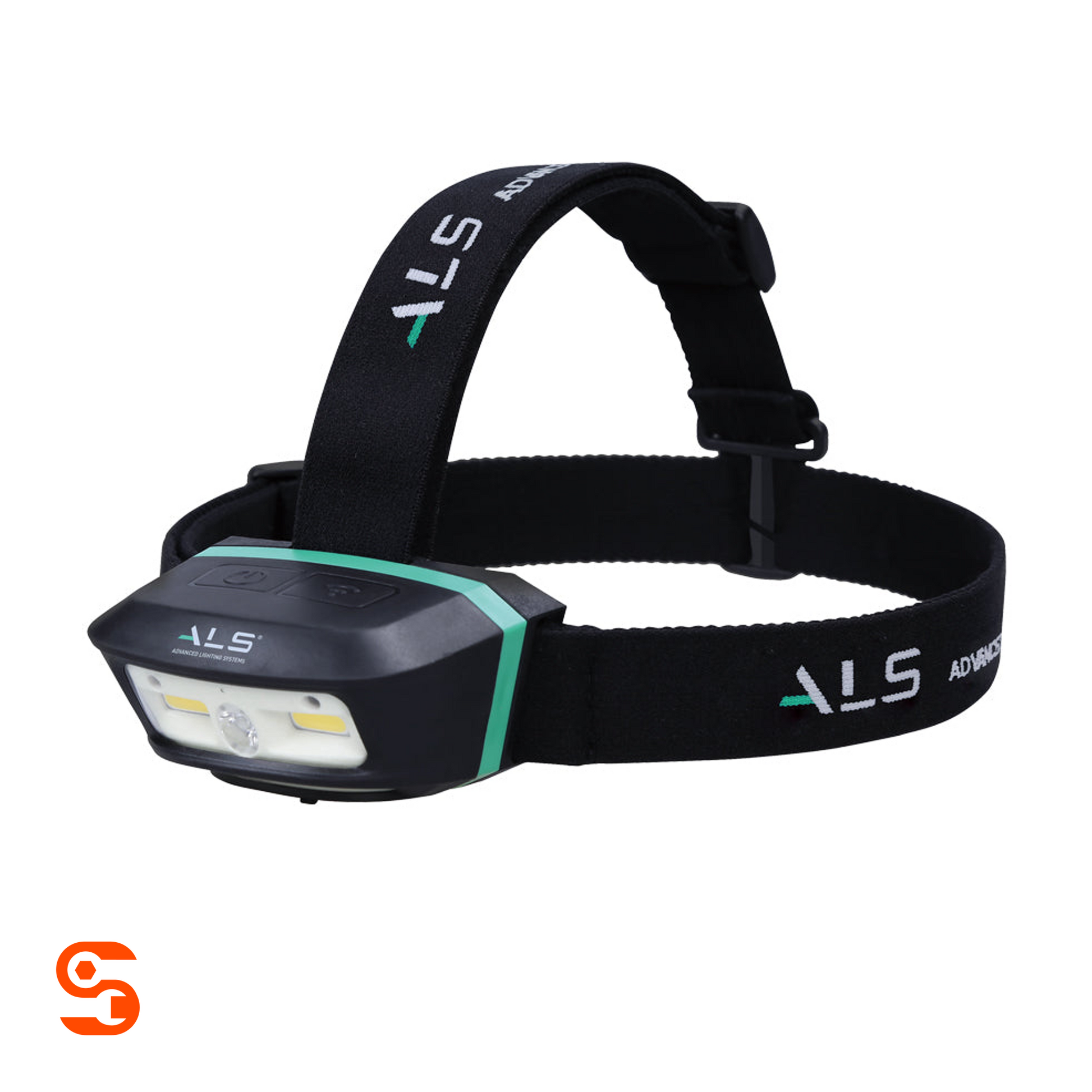Black adjustable head lamp with front LED light, teal accents, and branded elastic head straps