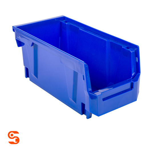 Blue plastic hanging storage bin with open front, reinforced sides, and glossy finish