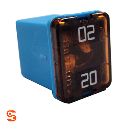 Blue 20 amp low profile J-case cartridge fuse with translucent dark brown top and white 20 marking