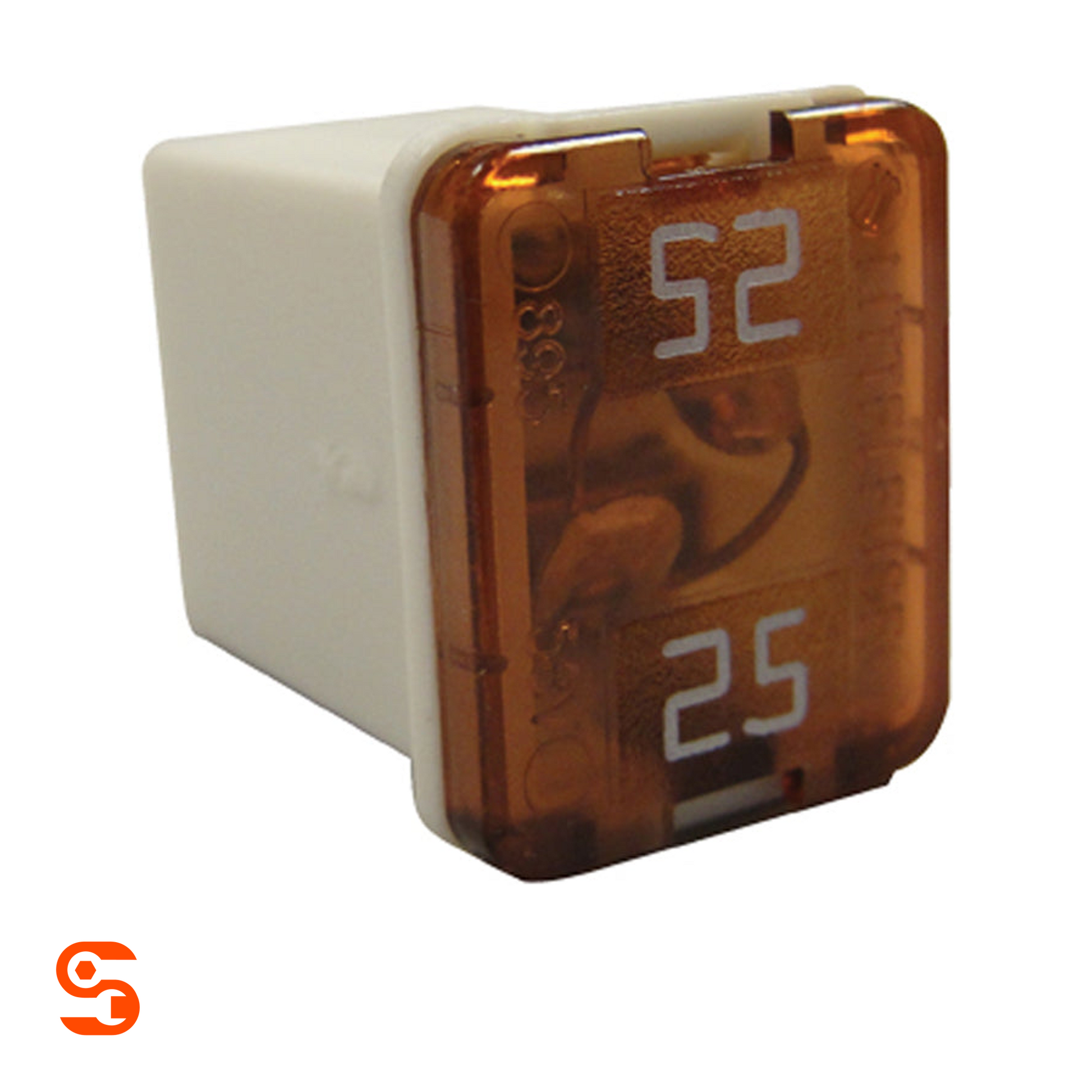 White low profile J-case cartridge fuse with amber translucent 25 amp cover and white plastic body
