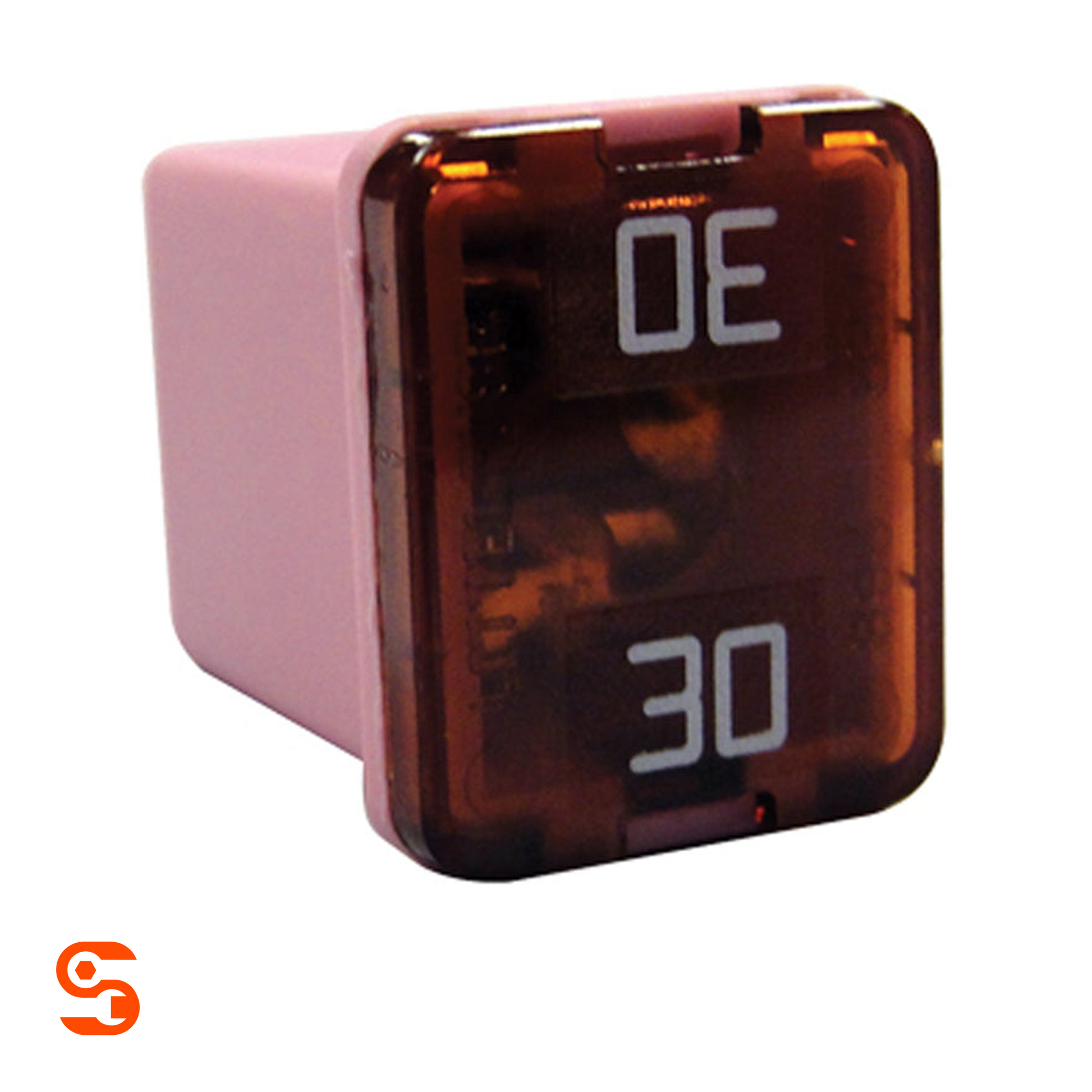 Pink 30 amp low profile J-case cartridge fuse with translucent amber front and white 30 markings