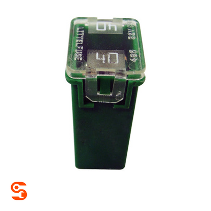 Green 40 amp J-case cartridge fuse with transparent top and dark green plastic body