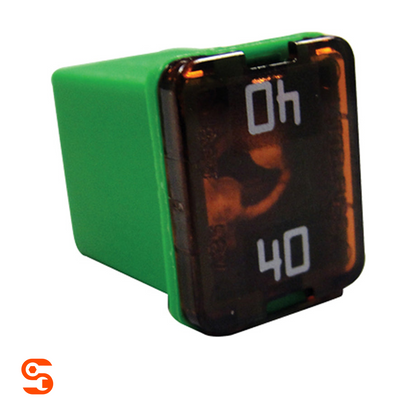 Green 40 amp low profile J-case cartridge fuse with translucent dark top and green plastic body