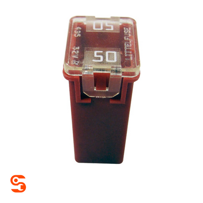 Red 50 amp J-CASE cartridge fuse with transparent top and dark red body on white background