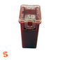 Red 50 amp J-CASE cartridge fuse with transparent top and dark red body on white background