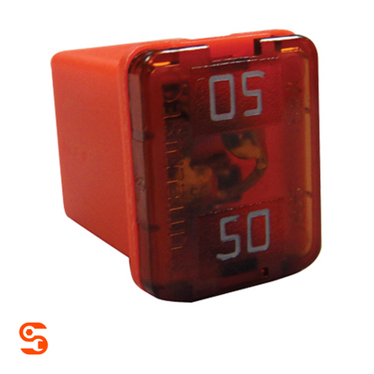 Red 50 amp low profile J-case cartridge fuse with translucent cover and gray markings