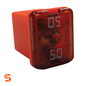 Red 50 amp low profile J-case cartridge fuse with translucent cover and gray markings