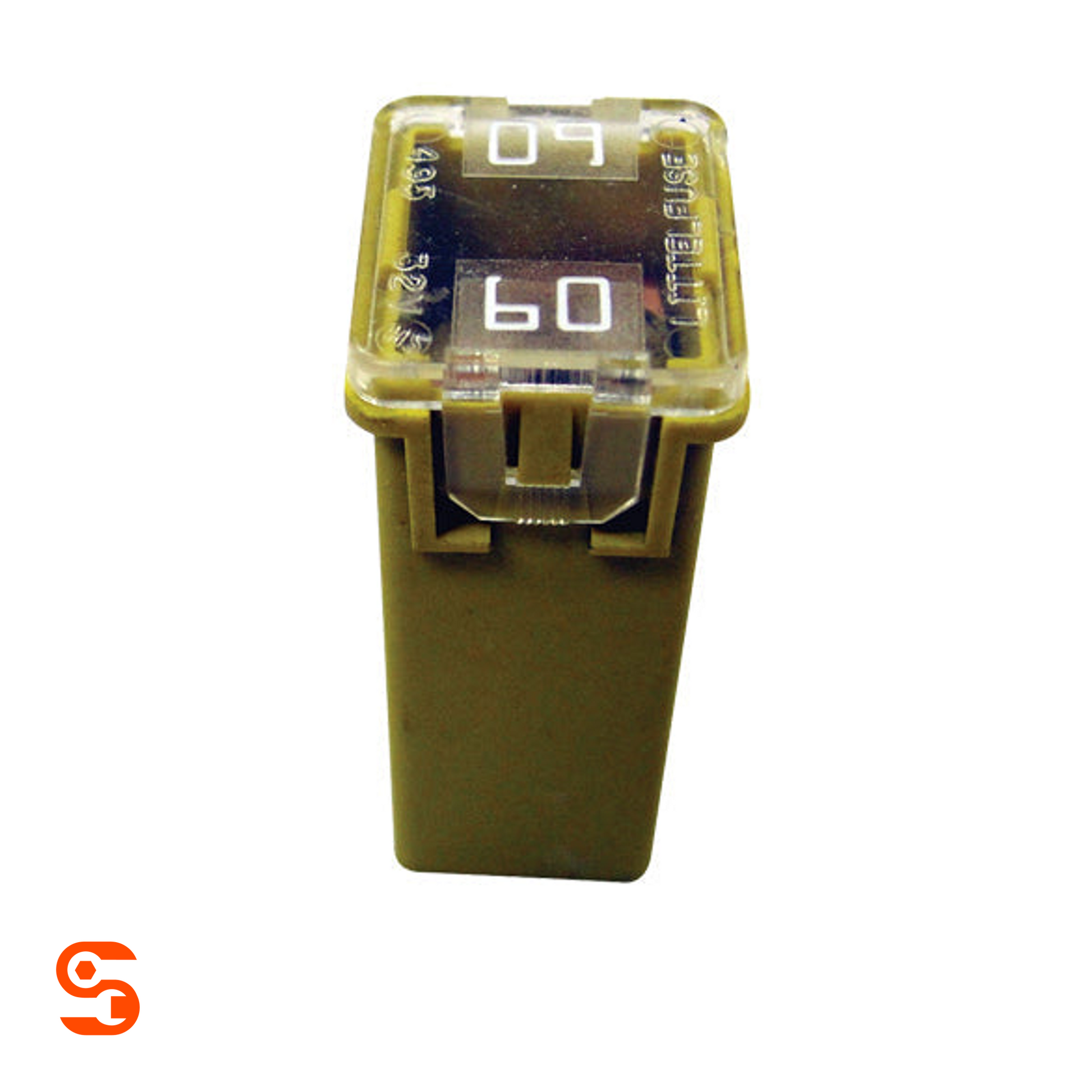 Yellow 60 amp J-case cartridge fuse with transparent top and blade terminals