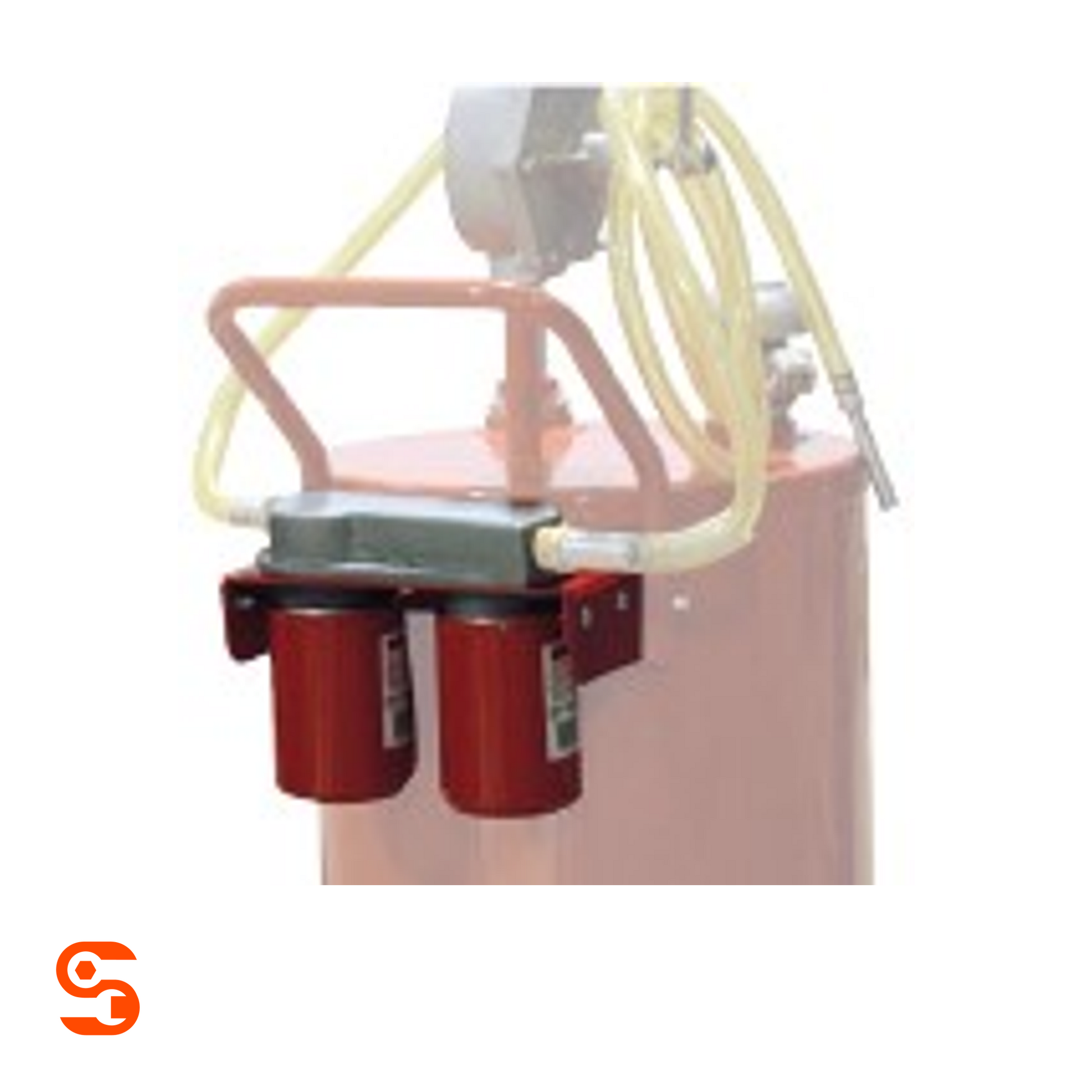 Red twin-cylinder replacement part mounted on a gasoline fuel caddy frame