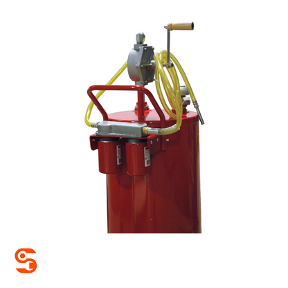 Steel two-way gasoline fuel filter mounted on a red 25 gal fuel caddy with clear yellow hoses