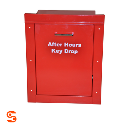 Red metal wall-mounted after hours key drop box with front door, handle, white lettering, and mounting holes