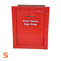 Red metal wall-mounted after hours key drop box with front door, handle, white lettering, and mounting holes