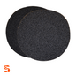 Two round black textured oil drain splash pads with overlapping edges on a white background