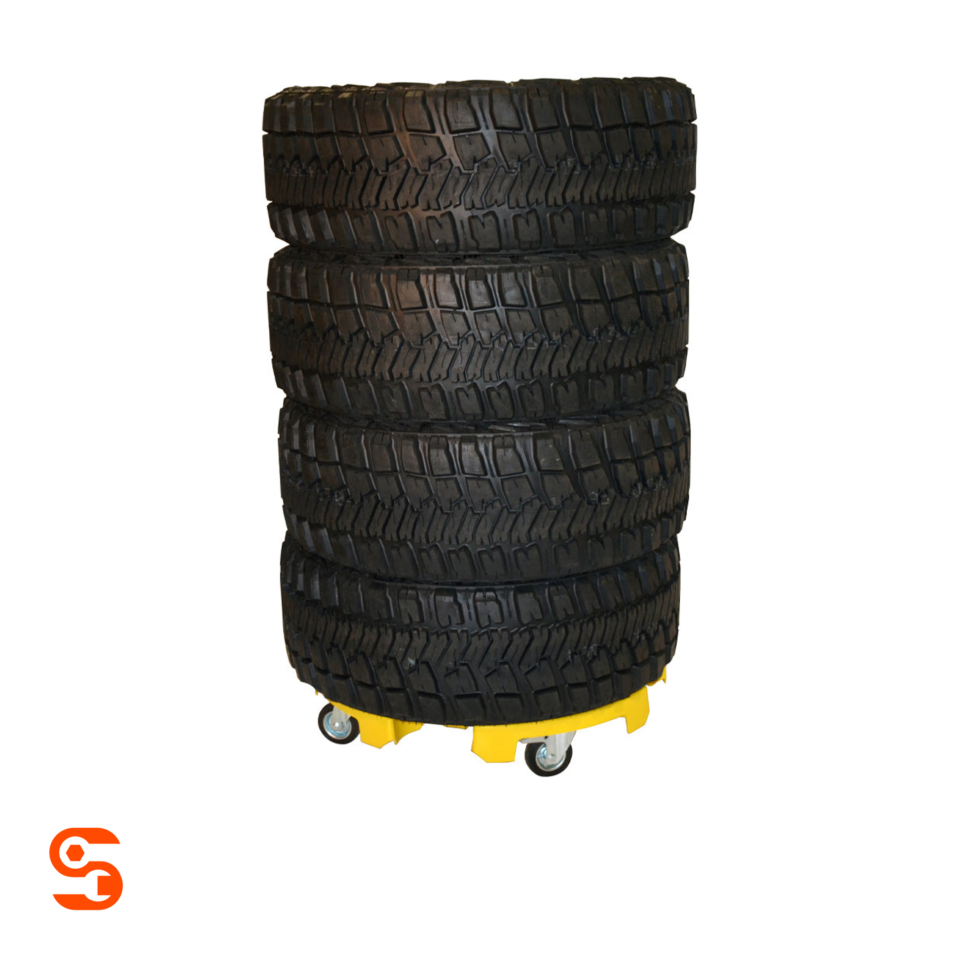 Stack of four black tires on a yellow wheeled tire transport dolly