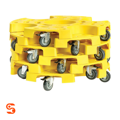 Six yellow tire transport dollies with grey swivel caster wheels stacked together