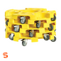 Six yellow tire transport dollies with grey swivel caster wheels stacked together